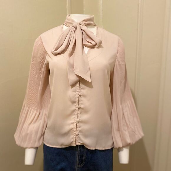 ZARA PLEATED BLOUSE TOP WITH BOW - Picture 1 of 7